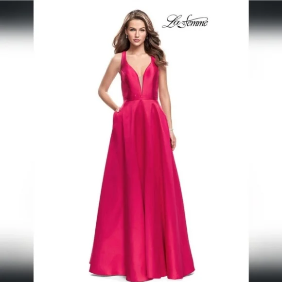 La Femme Raspberry Pink Polished Mikado V-Neck Plunge Neckline Ball Gown Size 2 - Picture 3 of 5